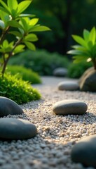 Serene zen garden scene with carefully raked gravel, smooth stones, and miniature plants A tranquil space promoting mindfulness and inner peace , nature, meditation practice