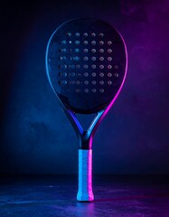 A close-up studio shot presents a racket with a patterned face. Pink and blue light illuminate the object and background