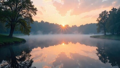 Serene pond scene at dawn, mist rising over calm water reflecting the surrounding trees and sky Perfect for nature, tranquility, and peaceful themes , fauna, tranquil, outdoors