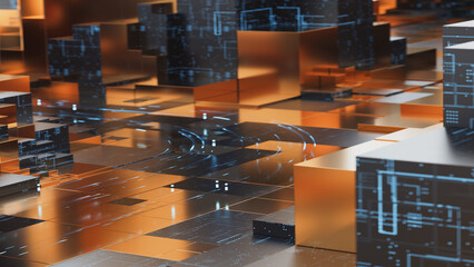 Virtual cityscape with grid-like structures and flowing data lines, symbolizing computer logic