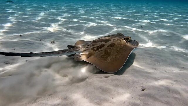An elegant stingray glides over the sandy seabed, showcasing nature's intricate underwater design in the clear turquoise ocean