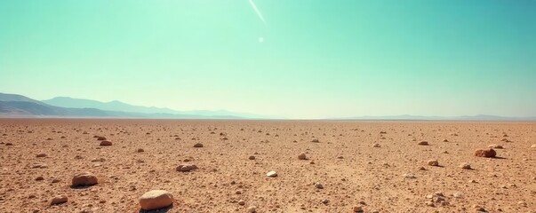 Vast, desolate landscape stretching to the horizon; a sense of emptiness and solitude pervades the scene The sky is a pale, washed-out blue, mirroring the barren earth below , dust, mountains