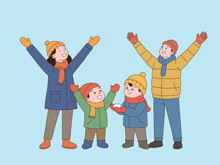 A family looking at the sky on a snowy day. Minimal line illustration style.