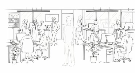 Diverse group of professionals working collaboratively in a modern office environment.