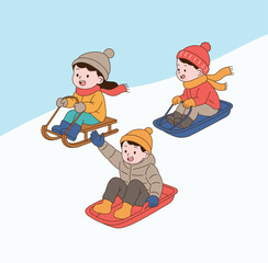 Children sledding in winter. Minimal line illustration style.