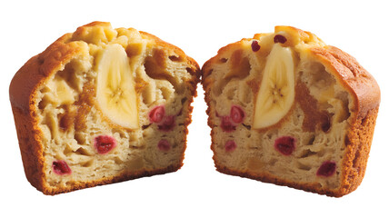 Freshly baked banana bread loaf cut in half showing fruit and berries