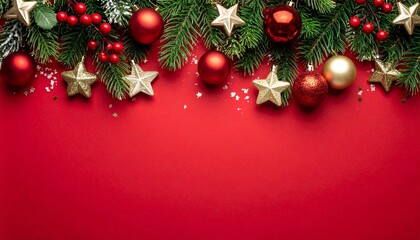 Red gradient Christmas background bordered with pine branches, snowflakes, stars, and festive ornaments. Designed for greeting cards, banners, and promotional seasonal layouts.