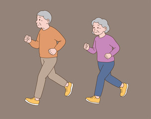 An elderly couple is doing a slow running exercise. Minimal line illustration style.