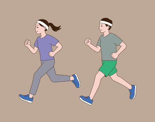 A couple doing running exercises. Minimal line illustration style.