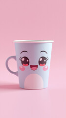 A cute pastel cartoon cup with a happy kawaii face on a soft pink background.
