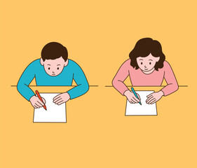A couple writing on paper. Minimal line illustration style.