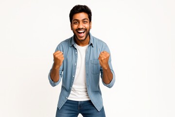 Young Indian man in open shirt and jeans standing three quarter view on pure white background smiling broadly with winner gesture energetic success portrait for motivation and business design