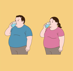 An obese couple is drinking water. Minimal line illustration style.