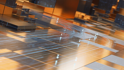 Futuristic financial architecture with precision cubes and illuminated paths