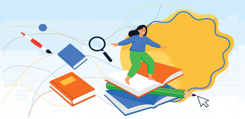 Illustration of a person balancing on books, representing the concept of knowledge acquisition and the joy of learning through reading and exploration