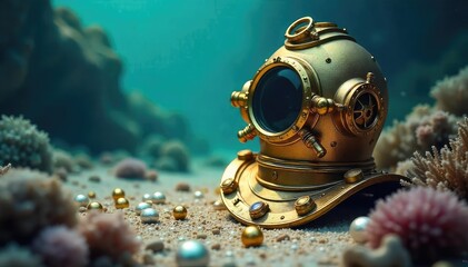 A gleaming gold diving helmet sits on a seabed, surrounded by scattered treasure chests and shimmering pearls, evocative of underwater riches and exploration , luxury, jewel