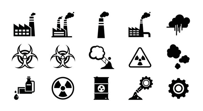 Industrial pollution and hazard symbols collection for environmental safety awareness and industrial risk communication