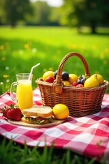 A checkered blanket spread on a sunny meadow, laden with a wicker basket overflowing with summer fruits, sandwiches, and lemonade Perfect for a relaxed summertime picnic scene , grass, tasty