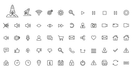 Modern, clean line art icons collection for web and app design, featuring essential symbols for business, communication, and navigation, perfect for digital interfaces.