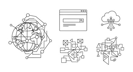 Global network connections and digital data flow concepts visualized through abstract geometric shapes and interconnected nodes representing technology and information.