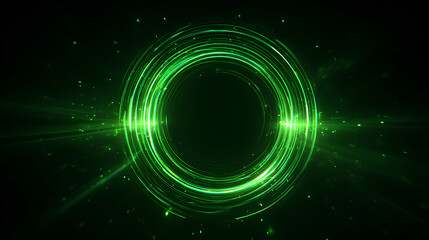 Neon glowing green rings with orbit effect and radial flare. Futuristic digital halo in dark space. Ideal for sci-fi design, UI interface, cosmic backgrounds, vibrant tech posters and energy concept