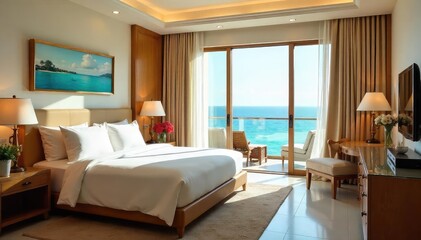 A luxurious honeymoon suite with an ocean view, featuring a private balcony and plush furnishings Perfect for romantic getaways and celebrating newlywed bliss , intimacy, high-end, honeymoon suite