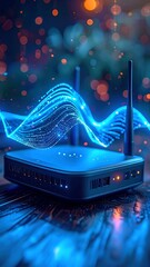 A digitally rendered image features a black, rectangular electronic device with antennas, from which emanates a glowing, wavy light trail