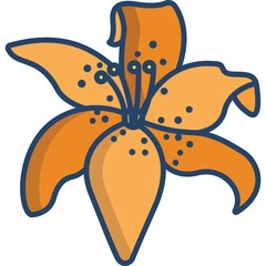 Stylized Orange Lily Flower With Dark Blue Outline On A Transparent Background