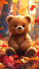 A cute, cuddly toy bear sits in fallen leaves with an autumnal backdrop of trees and sunlight. The bear has a happy expression