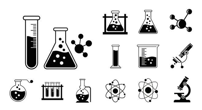 Dynamic collection of science icons featuring beakers flasks test tubes microscopes and atomic models for educational and research themes
