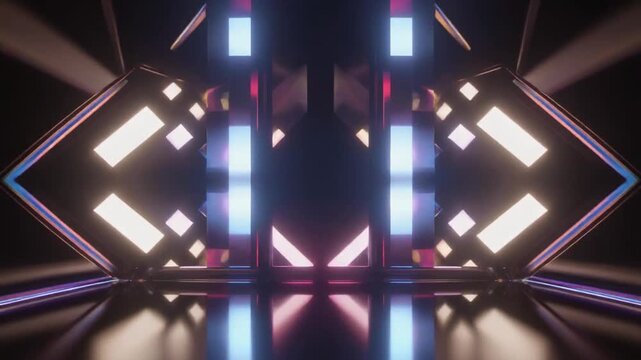 Futuristic geometric tunnel with neon lights and reflections