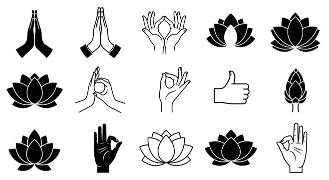 Diverse collection of lotus flowers and yoga hand gestures representing peace, mindfulness, and spiritual connection for wellness and meditation themes.