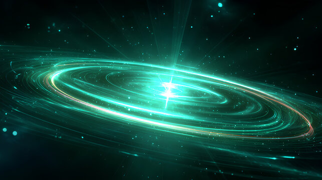 Neon glowing green rings with orbit effect and radial flare. Futuristic digital halo in dark space. Ideal for sci-fi design, UI interface, cosmic backgrounds, vibrant tech posters and energy concept