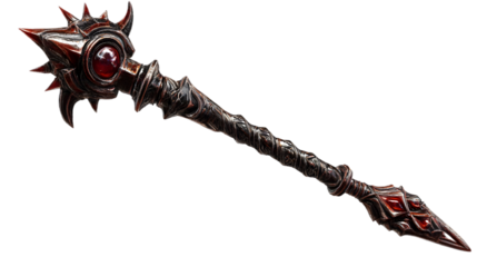 A menacing, dark fantasy mace with sharp spikes and a glowing red gem, perfect for a warrior or sorcerer, isolated on transparent background