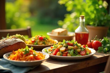 A sun-drenched table laden with vibrant vegetarian dishes; colorful vegetables, fresh herbs, and rustic bread create a scene of relaxed, healthy eating , healthy, appetizing, natural