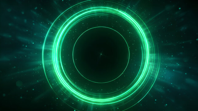 Neon glowing green rings with orbit effect and radial flare. Futuristic digital halo in dark space. Ideal for sci-fi design, UI interface, cosmic backgrounds, vibrant tech posters and energy concept