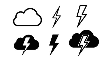 Dynamic storm icons featuring lightning bolts within clouds for weather alerts, energy concepts, and dramatic design elements