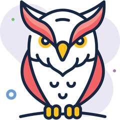Stylized Owl Illustration With Large Yellow Eyes And Pink Wings Perched On A Branch Against A Transparent Background With Subtle Colorful Dots And Circles
