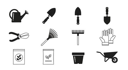 Essential gardening tools icons set for planting, cultivating, and landscaping projects offering a vibrant and modern aesthetic
