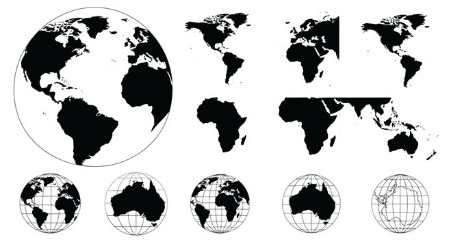 Diverse world map and globe representations including continents and global views ideal for educational and business presentations