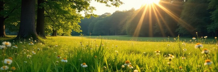 Sun-drenched meadow brimming with freshly cut hay, scattered wildflowers, and the shadows of surrounding trees A tranquil summer scene in a lush forest clearing , organic, summer