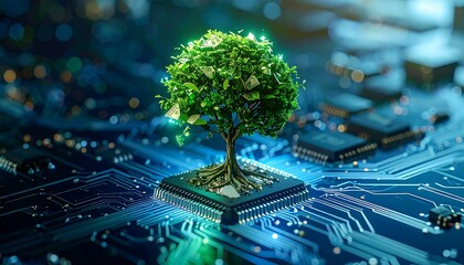 Green Technology - Tree Growing on Computer Chip, Sustainable Innovation.