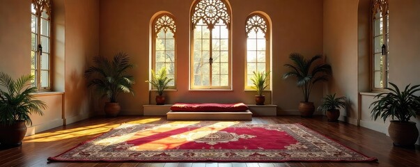 Serene indoor prayer space, featuring soft lighting, prayer rug, and religious artifacts Perfect for themes of spirituality, peace, contemplation, and faith , contemplation, devotion, hinduism