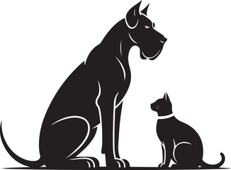 Great Dane and Cat Silhouette Sitting Side by Side Black and White 
