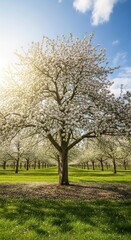 Obraz premium Blossoming orchard bathed in sunlight a serene landscape of springtime beauty and natural elegance