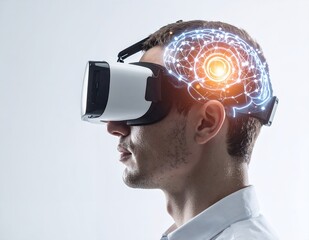 Man wearing VR headset with glowing brain illustration, representing virtual reality and artificial intelligence.