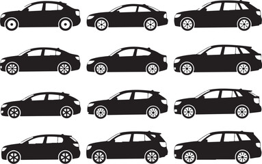 Car Silhouette Set of 12 Vehicles Sedan and SUV Side View