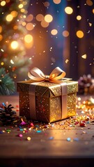 A glittery golden present with a matching bow sits atop a wooden surface, festive background and lights are blurry