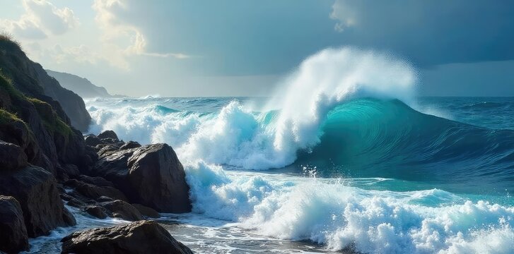 A forceful surge of water pushes against a rocky shoreline, creating dramatic waves and spray The powerful ocean current is a breathtaking display of nature's might , beach, wild