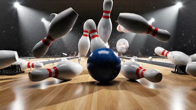 Bowling Ball Strikes Pins in a Dynamic Alley Scene
